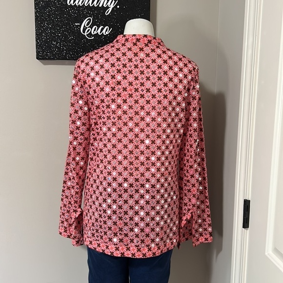 Tory Burch Boho Pink Printed Long Sleeve V Neck Blouse with Sequins Sz 8 - Picture 5 of 11